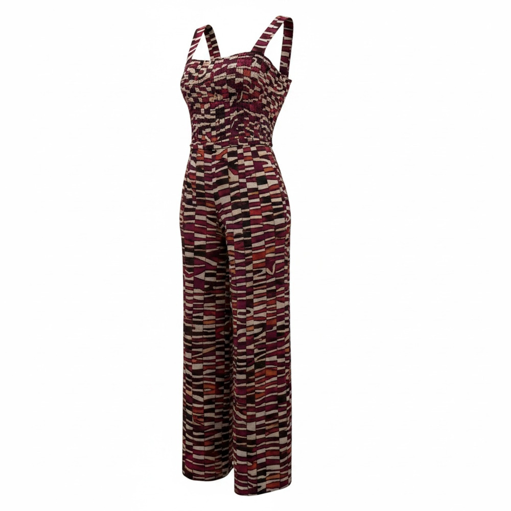 INC International Concepts Jumpsuit Womens 1X Multicolor Smocked Wide Leg Ruffle